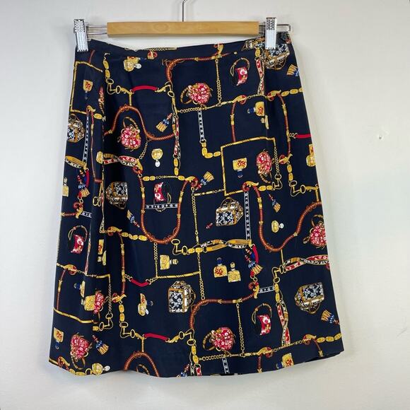 Vintage Y2K Classic Horsebit Chain Ribbon Floral Navy Blue Silk Wrap Skirt 4P 4 - Picture 1 of 8